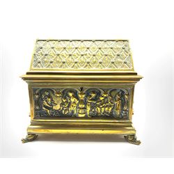 19th century twin-handled brass casket by Adolph Frankau & Co., rectangular form with a pitched style cover, embossed with Gothic archways with scenes within, L23cm 
