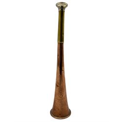 Swaine & Adeney of 185 Piccadilly, London, copper and brass hunting horn with plated mouthpiece, stamped 'Proprietors of Kohler & Son, Made in England', L22.5cm 