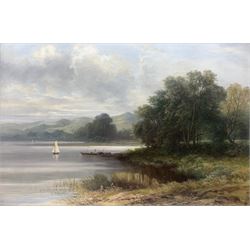 Frederick Tom Sibley (British 1837-1912): Lake Landscape with Jetty and Sailboat, oil on canvas signed 59cm x 90cm