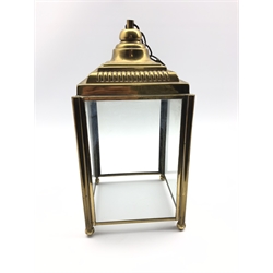 20th century gilt brass hall lantern of square form enclosing glazed panels, H36cm x W18cm