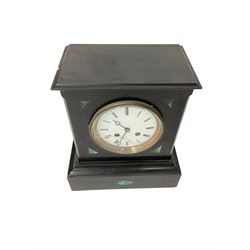 French - 8-day slate mantle clock in a Belgium slate case inlaid with malachite, flat top case on a rectangular plinth, white enamel dial with Roman numerals and minute markers, steel moon hands within a brass bezel, striking movement striking the hours on a bell. No pendulum.