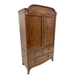 19th century mahogany linen press, arched cornice over two doors enclosing interior fitted for hanging, one short and one long drawer, raised on splayed bracket supports W118cm, H202cm, D55cm