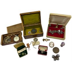 18th /19th century amethyst desk seal, gilt metal and cornelian seal, seed pearl and turquoise brooch, costume jewellery, silver serviette ring,  Boy Scout badges, stop watch etc