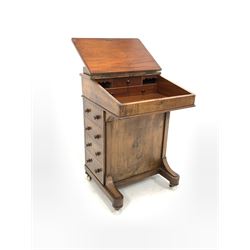 Victorian inlaid walnut davenport desk, raised back over skivered writing slope lifting to reveal interior fitted with drawer, over five drawers and four faux drawers, raised on castors W52cm