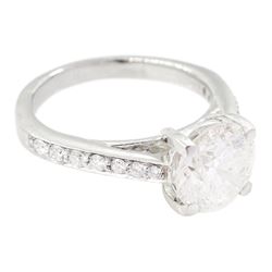 Platinum single stone round brilliant cut diamond ring, with diamond set shoulders, stamped Plat 950, principal diamond 2.22 carat, European Diamond Reports certificate