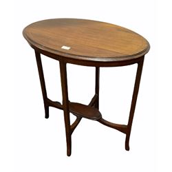 Edwardian mahogany oval occasional table, with chequered inlay, raised on square splayed supports 
