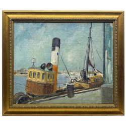 EM Jackson (British mid-20th century): Harbour Scene with Moored Boats, oil on canvas signed, indistinctly inscribed verso 46cm x 55cm