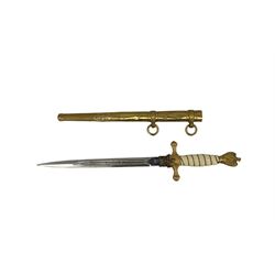 German Kriegsmarine Naval Dirk, the 25cm stiletto blade etched with scrolls and anchors and marked 'Original Eickhorn Solingen', gilded crossguard with central fouled anchor and push button scabbard lock, cream celluloid wire wound grip, eagle and swastika pommel, brass scabbard with twin suspension rings