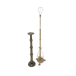 Early 20th century gilt painted telescopic standard lamp, on lobed circular base with three supports, (H161cm) together with a gilt painted and reeded candelabra (H107cm)