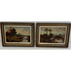 Pair of late Victorian oil paintings on canvas of river landscapes with cottages, figures, sheep etc, 29cm x 35cm