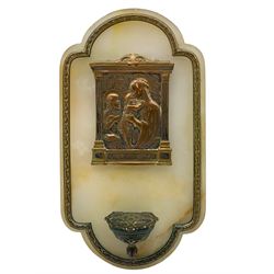 French copper wall mounted holy water stoop with plaque depicting 'Madonna and Child with the Young St.John the Baptist' after Botticelli in relief, signed L.De.Melly, mounted on onyx inscribed on the back with 'Avril 1919' H25cm