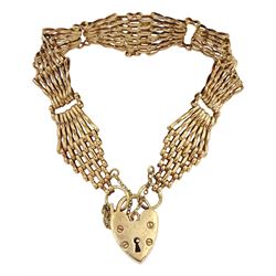 9ct gold fancy bar gate bracelet, with heart locket clasp, hallmarked 