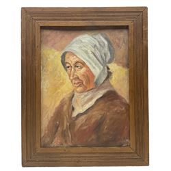 English School (Early 20th century): Portrait of a Lady in a Bonnet, oil on board indistinctly signed 39cm x 29cm