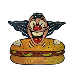 Vintage Circus advertising sign, painted with a Clown holding a Burger, L64cm x 54cm 
