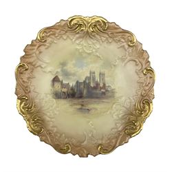 Edwardian Royal China Works Worcester blush ivory cabinet plate centrally painted with a scene of York, D22cm