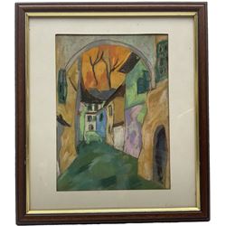Clarette Wachtel (Romanian 1926-2011): Abstract Street Scene at Sunset, pastel unsigned 23cm x 17cm