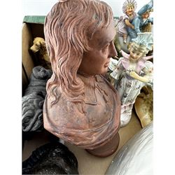 Bronzed model of a Pug, Staffordshire flatback, porcelain candelabra, French bisque porcelain group etc in one box