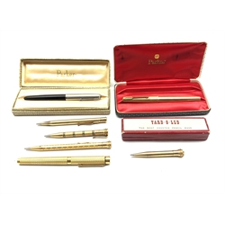 Three Eversharp pencils in rolled gold cases, Yard o Led pencil, boxed, two Parker fountain pens and a Sheaffer fountain pen with 14 ct gold nib in gold plated case