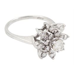 White gold round brilliant cut diamond cluster ring, stamped 14K, total diamond weight approx 0.95 carat