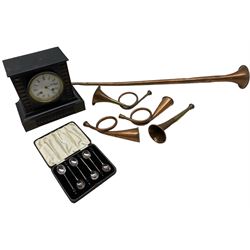 Collection of five assorted brass and copper hunting horns; slate effect French mantle clock; case of silver plate coffee bean spoons