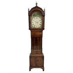 William Summerhayes of Taunton - 8-day mahogany longcase clock c1850, crested pediment with a ball and spire finial, wavy-edged break arch door flanked by rope twist pilasters and matching recessed pilasters to the trunk, with a short flat topped trunk door, square plinth with applied skirting, fully painted dial with Roman numerals and a rare depiction of an early steam train to the break arch, subsidiary calendar aperture and seconds dial with matching stamped brass hands, rack striking movement striking the hours on a bell. With pendulum and weights. Passenger Steam Trains were introduced in the 1820s and images were soon reproduced on many domestic artefacts of the period. Depictions on longcase clock dials however are seldom seen, as such this is a good rare example.
