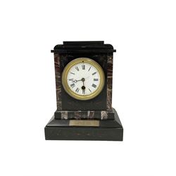 French - 19th century timepiece 8-day slate and marble mantle clock, rectangular case with a shaped pediment and enamel dial, Roman numerals and steel moon hands. No pendulum.