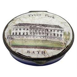 Late 18th century Staffordshire oval enamel patch box printed with a view of Prior Park, Bath with interior mirror W4.5cm  Provenance: Countess of Feversham