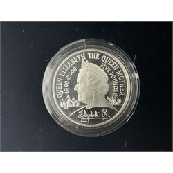 Two The Royal Mint United Kingdom silver proof piedfort five pound coins, comprising 2000 'Queen Elizabeth The Queen Mother Centenary Year' and 2006 'Her Majesty Queen Elizabeth II Eightieth Birthday', both cased with certificate (2)