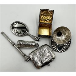 Silver jockey's cap caddy spoon Sheffield 1989, miniature silver backed hand mirror Birmingham 1905 Maker Crisford & Norris, silver vesta case, small embossed silver box, silver pencil holder and an engraved propelling pencil (6)