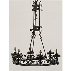  Early 20th century cast iron hanging six branch electrolier-chandelier of Gothic design, D61cm  