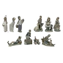 Lladro figures to include Shepherd Boy with Sheep, Shepherd Boy with Bird no. 4730, Little Girl with Cat no. 1187, Nightingales on Branch no. 1228, four other Lladro figures and two Nao figures (10)