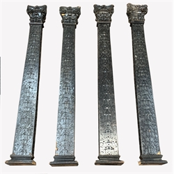 Set of four early 20th century oak architectural pillars, with acanthus leaf carved capitals over box section columns embellished with carved blind fret strapwork, raised on moulded plinths,  H272cm