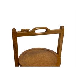 'Beaverman' oak three tier folding cake stand, the top rail carved with beaver signature and pierced with handle, by Colin Almack of Sutton-under-Whitestonecliffe