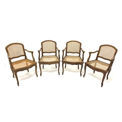 Set four French style bergère open armchairs, beech framed with cane work seats and backs, cabriole supports, W57cm