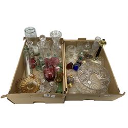 Pair of cut glass candlesticks, glass bottles, cranberry glass, two Lalique Nina Ricci perfume bottles, paperweights, coloured glass etc in two boxes