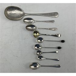 Set of six silver coffee spoons with fluted bowls and 'apostle' finials Birmingham 1938, silver four division toast rack, pair of silver specimen vases H17cm various silver spoons etc, weighable silver approx 10oz