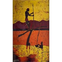 Sripathy (African Contemporary): Two Men in a River, batik painting signed 90cm x 54cm