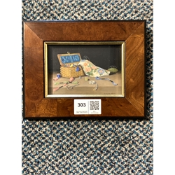 Enid Clarke (British 1919-): 'Needlework Basket', oil on ivorine signed, titled on Llewellyn Alexander, London gallery label verso 7cm x 10cm