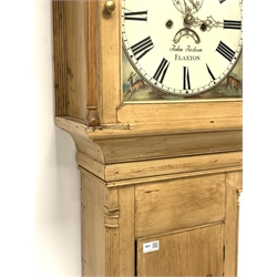 19th century pine longcase clock, enamel Roman dial painted with hunting scenes, signed 'John Jackson, Flaxton', subsidiary seconds dial and date aperture, eight day movement striking on bell, with two weights and pendulum, H213cm