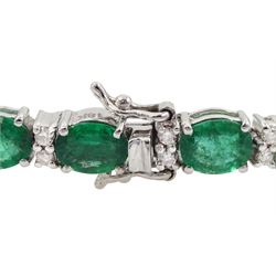 18ct white gold oval cut emerald and round brilliant cut diamond bracelet, stamped, total emerald weight approx 8.30 carat