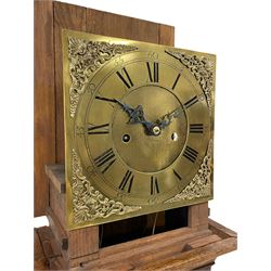 Unsigned - small longcase clock in a bespoke oak case with a two-train late 18th century weight driven movement and brass dial, small case of pleasing proportions in a mid 18th century style, square brass dial with spandrels and chapter ring, plain dial centre and steel hands, rack striking two train movement with an anchor escapement striking the hours on a cast bell. With weights, pendulum and key.