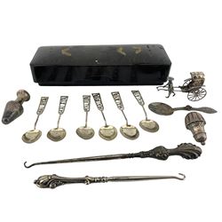 Chinese silver model of a rickshaw L8cm, six tea spoons, the stems marked 'Malaya', two silver handled button hooks and other items in a lacquered box