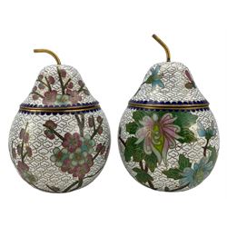 Two pear form Cloisonne jars and covers, three Cloisonne circular dishes and vase, together with a blue and white bottle form vase, H23