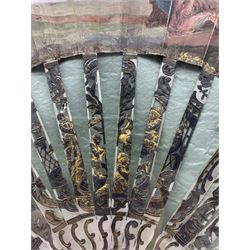 18th century fan, the mother-of-pearl sticks and guard carved, pierced, silvered and gilded, the paper leaf painted with mythological figures within gilt borders, framed and glazed, L55cm x H35cm. Provenance: From the Estate of the late Dowager Lady St Oswald