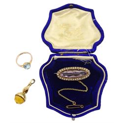 Early 20th century 9ct gold oval amethyst and seed pearl brooch, Chester 1912, 18ct gold yellow foil back paste stone set pendant and a 9ct rose rose blue stone set ring, in velvet lined box