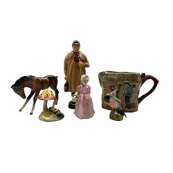 Royal Doulton ceramics comprising 'The Shepherd' HN 1975, 'Peggotty' jug, 'Tony Weller' and 'Tinkle Bell' together with a Morley figure of a Toadstool and Pixie, Beswick foal and Crown Staffordshire Bullfinch (7)