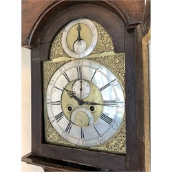 George III oak longcase clock, the brass dial with gilt metal spandrels, silvered moon phase, Roman chapter ring, date aperture and subsidiary seconds ring, eight day movement striking hammer on bell