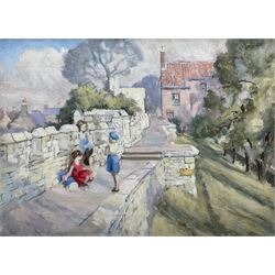 David Horner (Northern British 1913-1974): Children Playing on the York City Walls, oil on canvas unsigned, label verso 27cm x 37cm