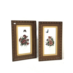 Pair 20th century oak framed mirrors with giltwood slips enclosing bevel edged plates decorated with hand painted and engraved floral urns, 83cm  x 52cm