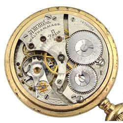 American gold-plated pocket watch by Waltham, No. 16760034, the screw back case monogrammed